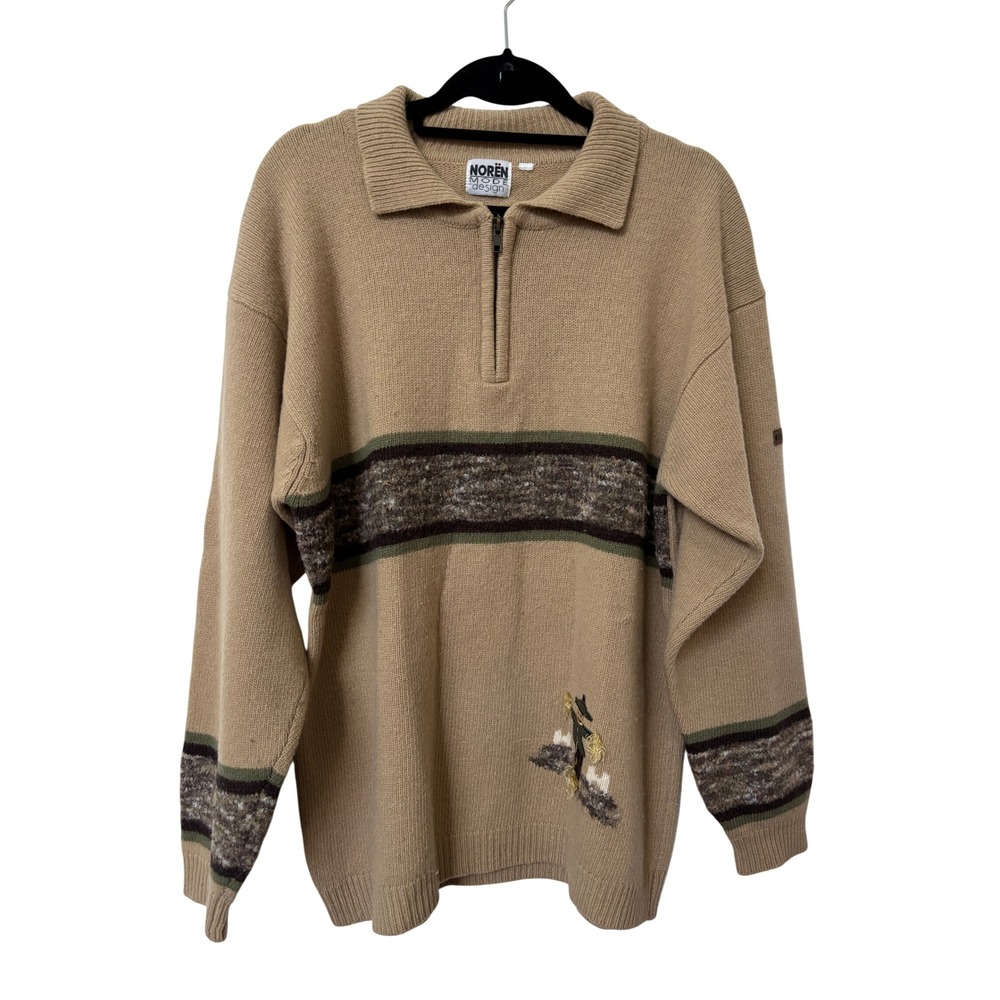 Noren Mode Design Tan 100% Lambswool Quarter Zip Scarecrow Sweater Vintage L‎